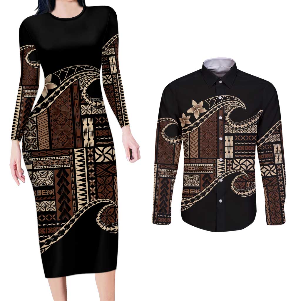 Samoa Siapo Mamanu Couples Matching Long Sleeve Bodycon Dress and Long Sleeve Button Shirt Waves Motifs