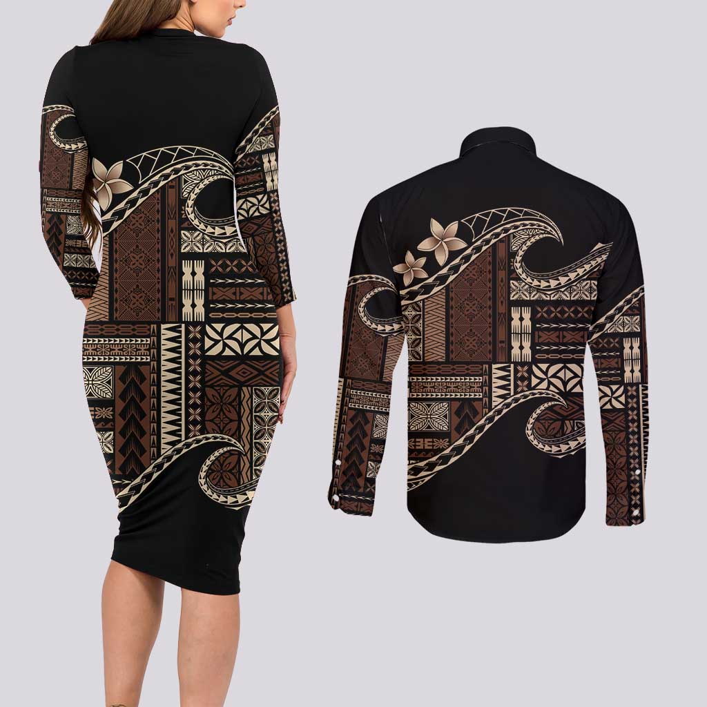 Samoa Siapo Mamanu Couples Matching Long Sleeve Bodycon Dress and Long Sleeve Button Shirt Waves Motifs