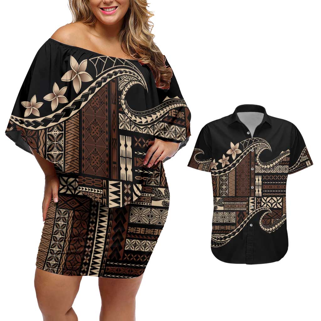 Samoa Siapo Mamanu Couples Matching Off Shoulder Short Dress and Hawaiian Shirt Waves Motifs