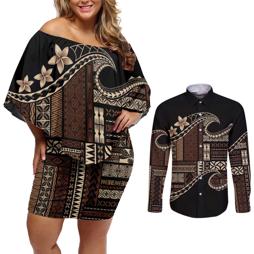 Samoa Siapo Mamanu Couples Matching Off Shoulder Short Dress and Long Sleeve Button Shirt Waves Motifs