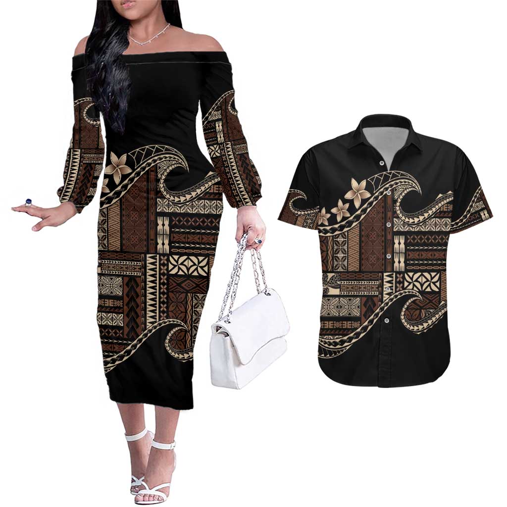 Samoa Siapo Mamanu Couples Matching Off The Shoulder Long Sleeve Dress and Hawaiian Shirt Waves Motifs