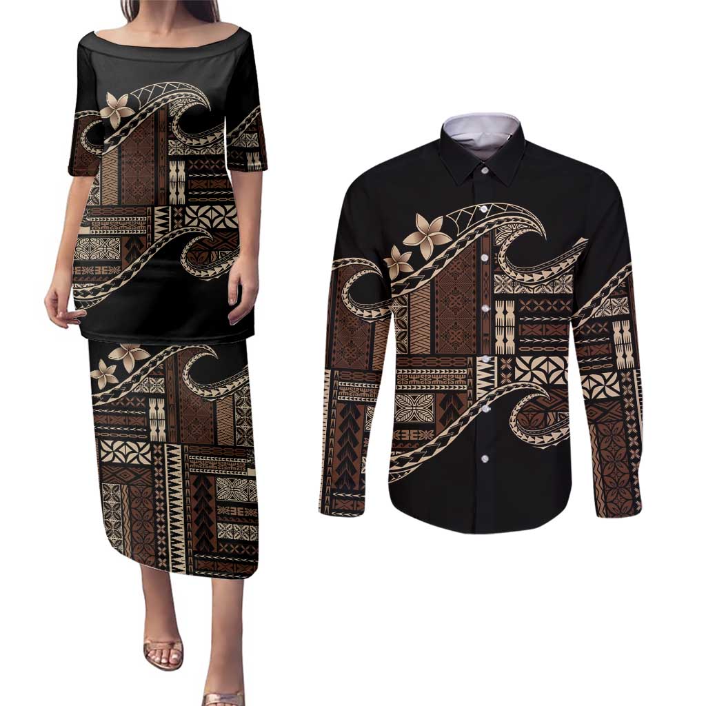Samoa Siapo Mamanu Couples Matching Puletasi and Long Sleeve Button Shirt Waves Motifs