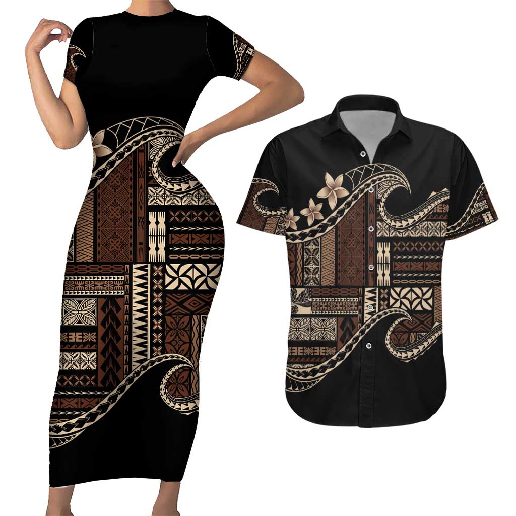 Samoa Siapo Mamanu Couples Matching Short Sleeve Bodycon Dress and Hawaiian Shirt Waves Motifs