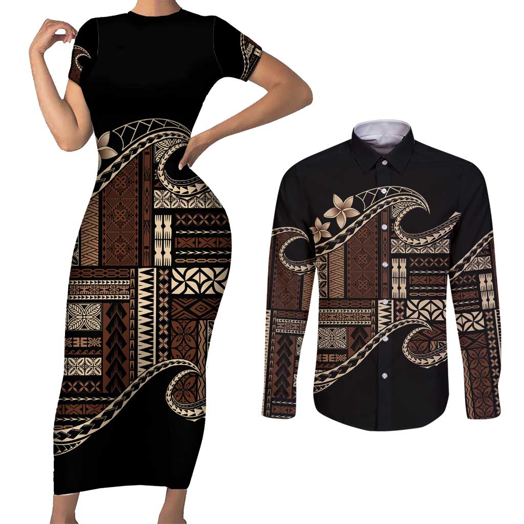 Samoa Siapo Mamanu Couples Matching Short Sleeve Bodycon Dress and Long Sleeve Button Shirt Waves Motifs