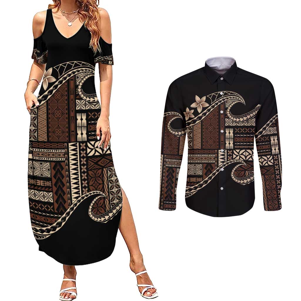 Samoa Siapo Mamanu Couples Matching Summer Maxi Dress and Long Sleeve Button Shirt Waves Motifs