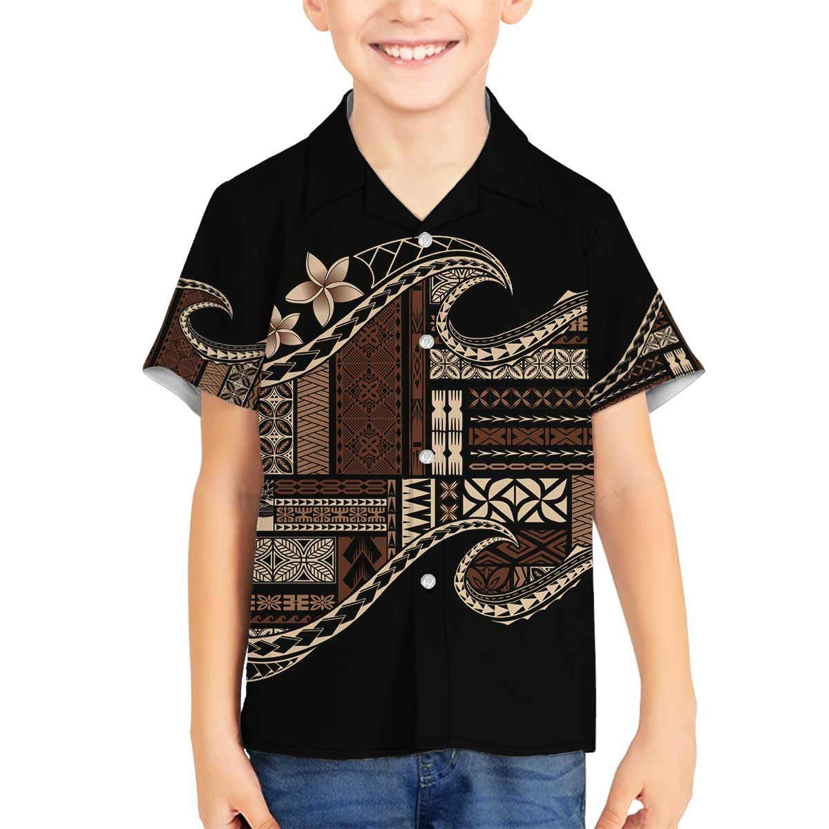 Samoa Siapo Mamanu Family Matching Off The Shoulder Long Sleeve Dress and Hawaiian Shirt Waves Motifs