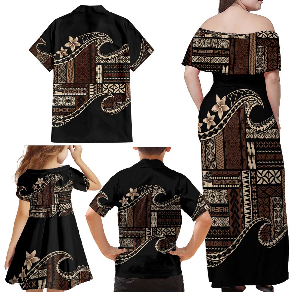 Samoa Siapo Mamanu Family Matching Off Shoulder Maxi Dress and Hawaiian Shirt Waves Motifs
