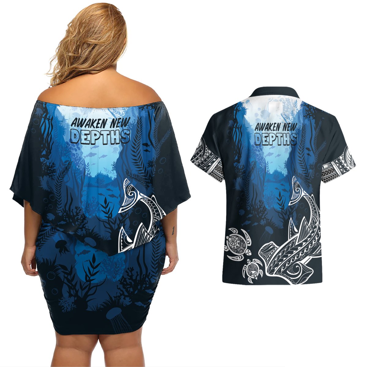 World Ocean Day Pasifika Couples Matching Off Shoulder Short Dress and Hawaiian Shirt Awaken New Depths
