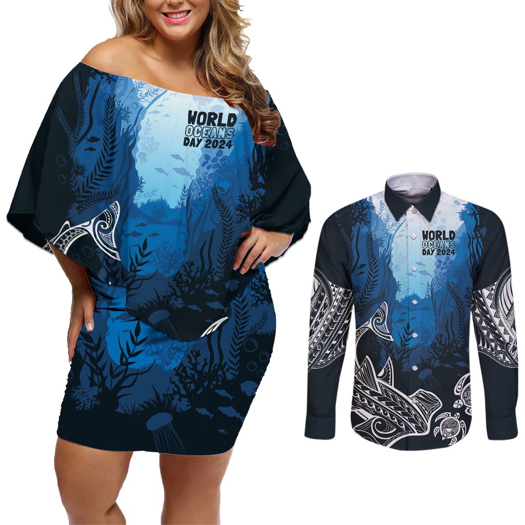 World Ocean Day Pasifika Couples Matching Off Shoulder Short Dress and Long Sleeve Button Shirt Awaken New Depths