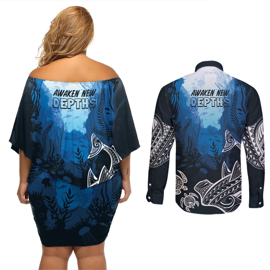 World Ocean Day Pasifika Couples Matching Off Shoulder Short Dress and Long Sleeve Button Shirt Awaken New Depths