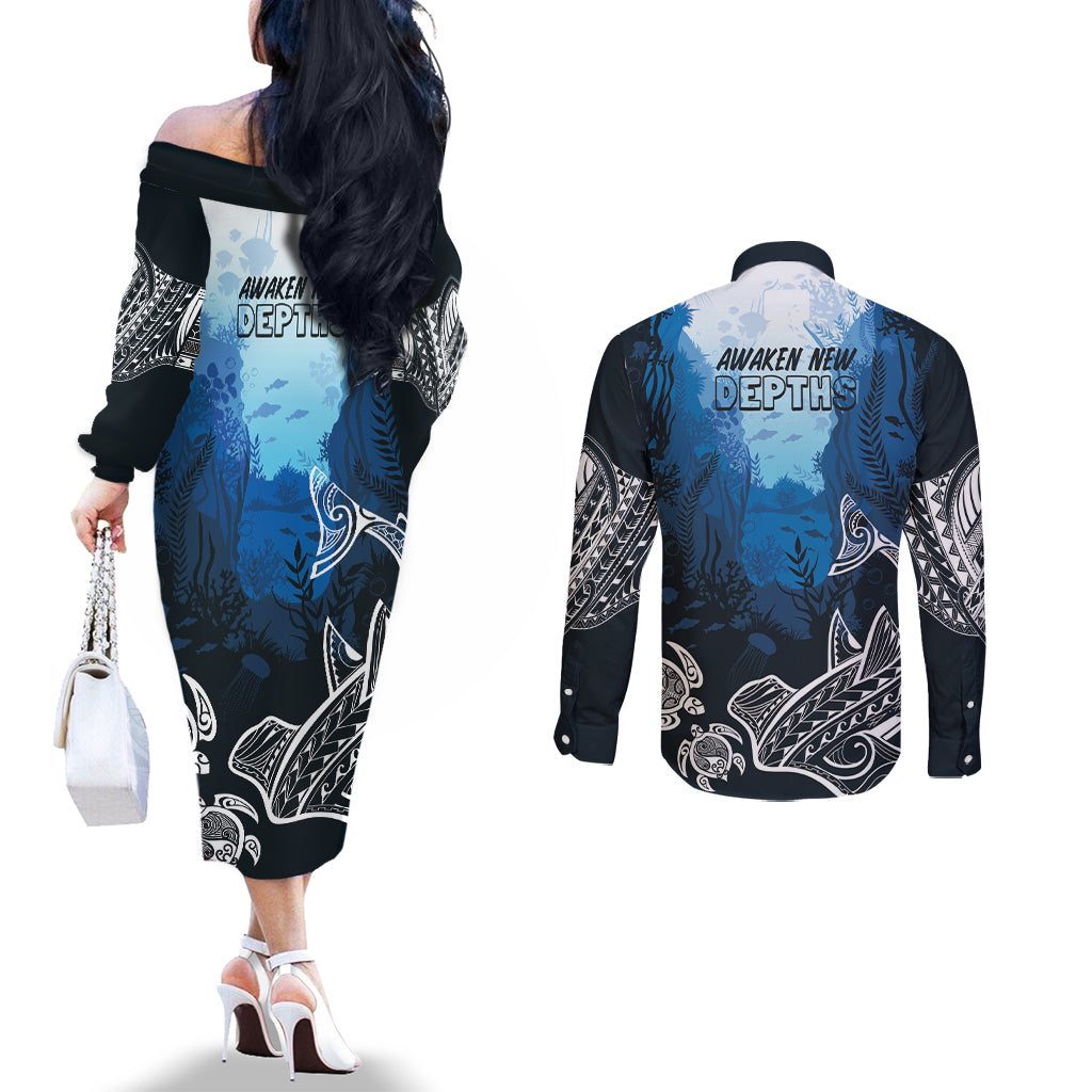 World Ocean Day Pasifika Couples Matching Off The Shoulder Long Sleeve Dress and Long Sleeve Button Shirt Awaken New Depths