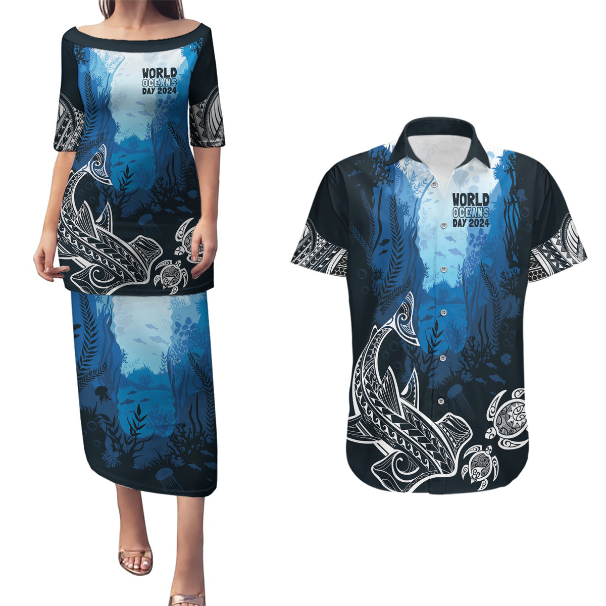 World Ocean Day Pasifika Couples Matching Puletasi and Hawaiian Shirt Awaken New Depths