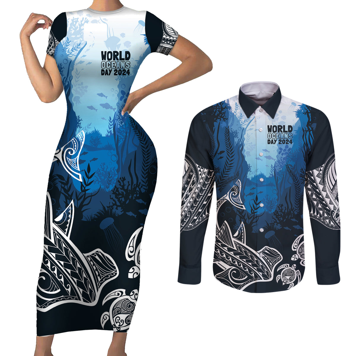 World Ocean Day Pasifika Couples Matching Short Sleeve Bodycon Dress and Long Sleeve Button Shirt Awaken New Depths