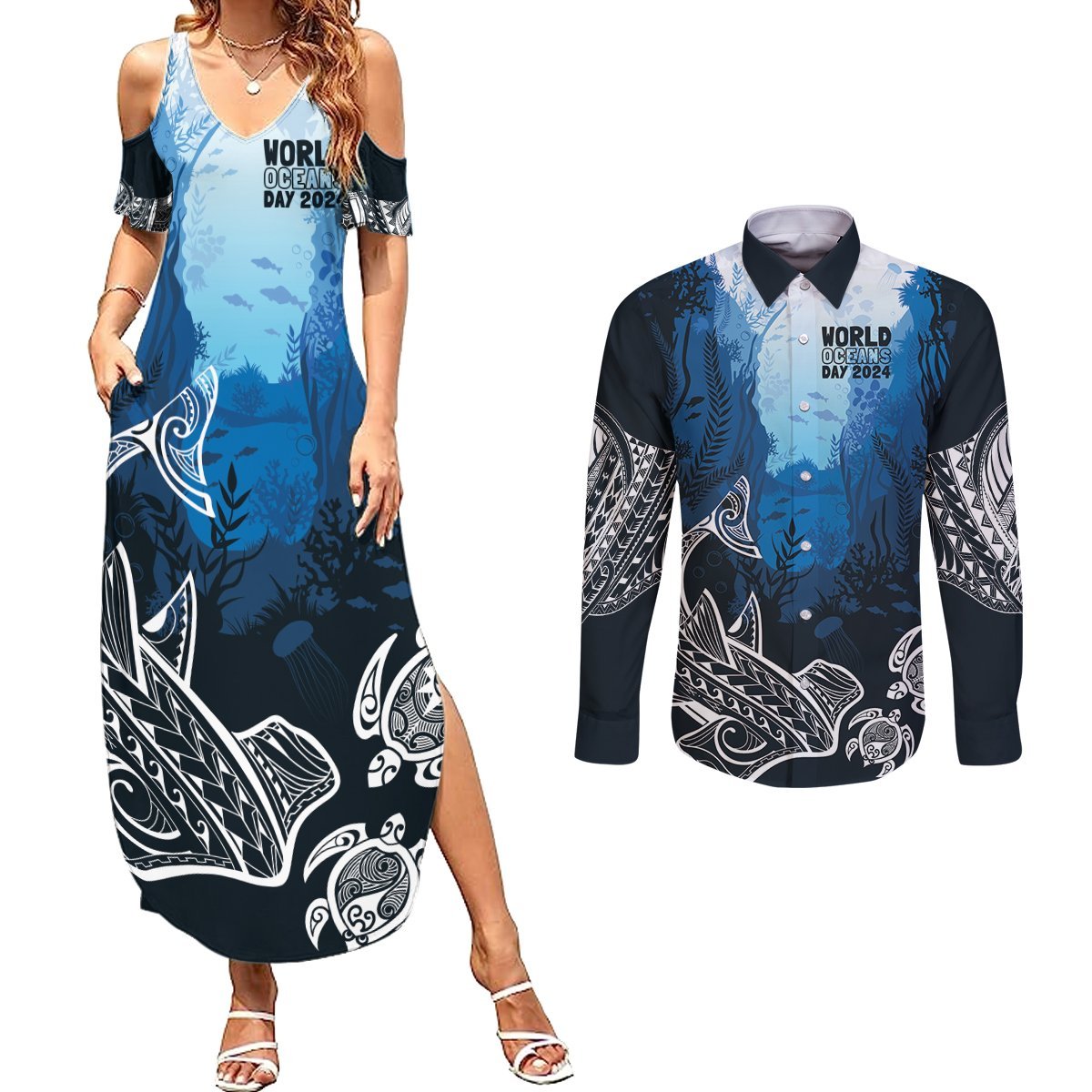 World Ocean Day Pasifika Couples Matching Summer Maxi Dress and Long Sleeve Button Shirt Awaken New Depths LT7 Blue - Polynesian Pride