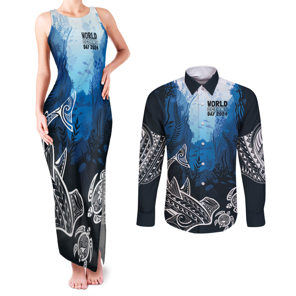 World Ocean Day Pasifika Couples Matching Tank Maxi Dress and Long Sleeve Button Shirt Awaken New Depths