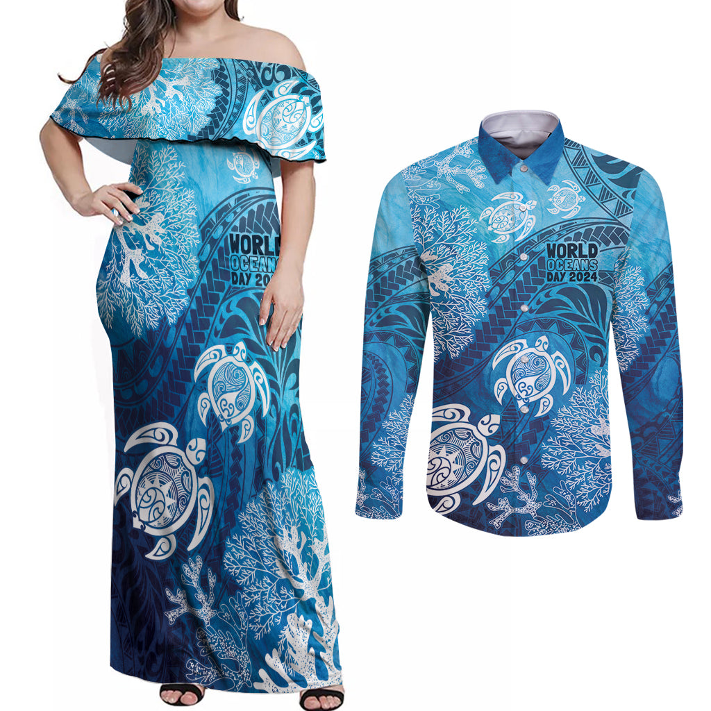 Hawaii World Ocean Day Couples Matching Off Shoulder Maxi Dress and Long Sleeve Button Shirt Kakau Turtles LT7 Blue - Polynesian Pride