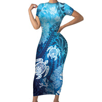 Hawaii World Ocean Day Family Matching Short Sleeve Bodycon Dress and Hawaiian Shirt Kakau Turtles