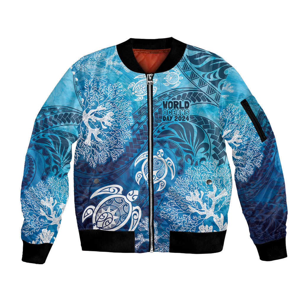Hawaii World Ocean Day Sleeve Zip Bomber Jacket Kakau Turtles