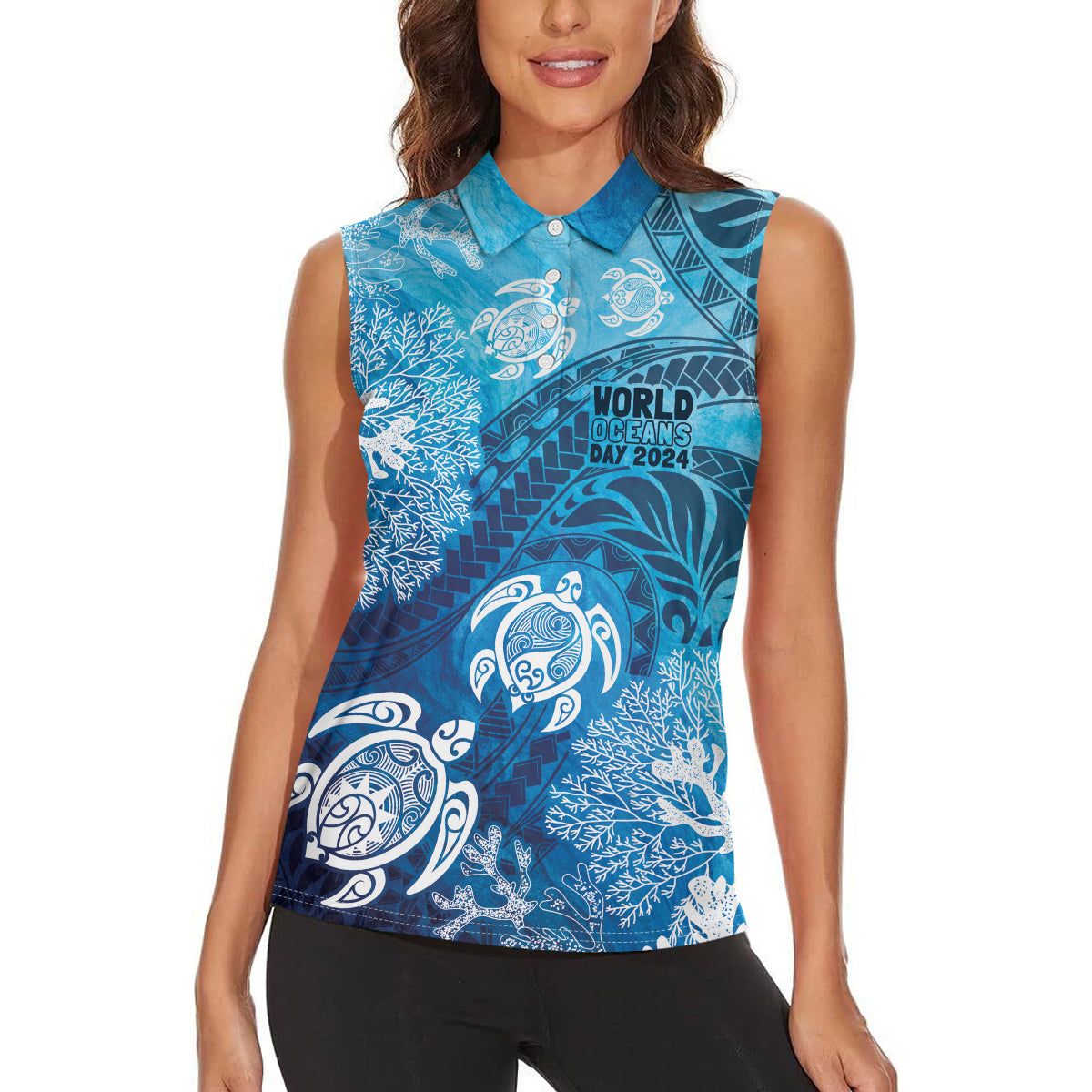 Hawaii World Ocean Day Women Sleeveless Polo Shirt Kakau Turtles