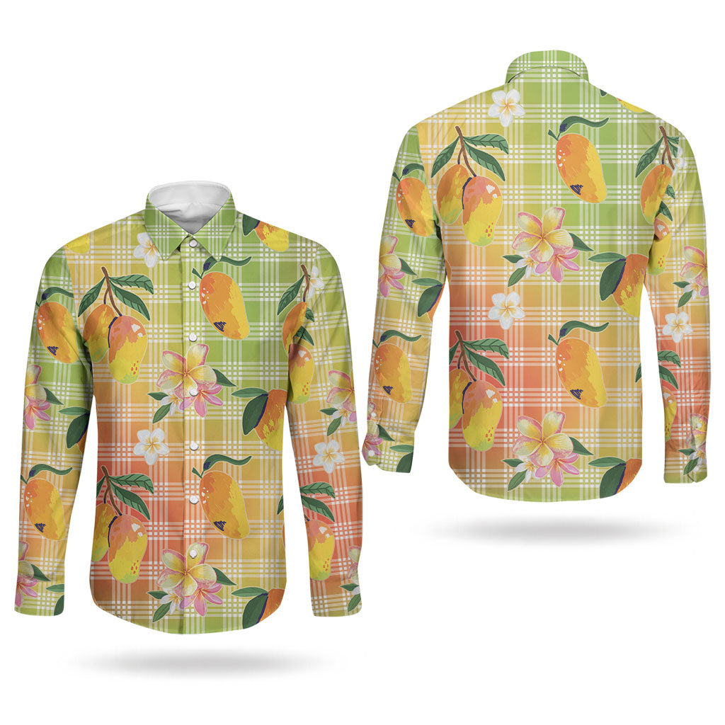 Aloha Hawaii Palaka Print Mango Plumeria Couples Matching Mermaid Dress and Long Sleeve Button Shirt Tropical Vibes