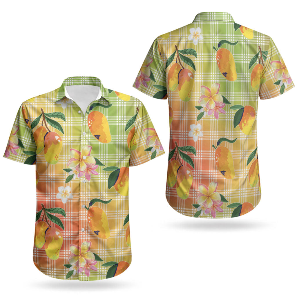 Aloha Hawaii Palaka Print Mango Plumeria Couples Matching Off Shoulder Maxi Dress and Hawaiian Shirt Tropical Vibes
