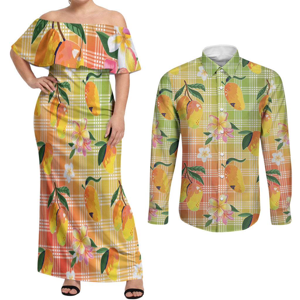Aloha Hawaii Palaka Print Mango Plumeria Couples Matching Off Shoulder Maxi Dress and Long Sleeve Button Shirt Tropical Vibes