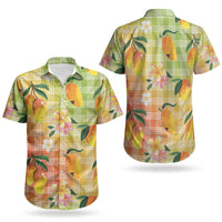 Aloha Hawaii Palaka Print Mango Plumeria Couples Matching Off Shoulder Short Dress and Hawaiian Shirt Tropical Vibes