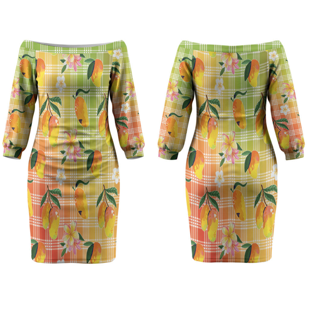 Aloha Hawaii Palaka Print Mango Plumeria Couples Matching Off The Shoulder Long Sleeve Dress and Hawaiian Shirt Tropical Vibes LT7 - Polynesian Pride