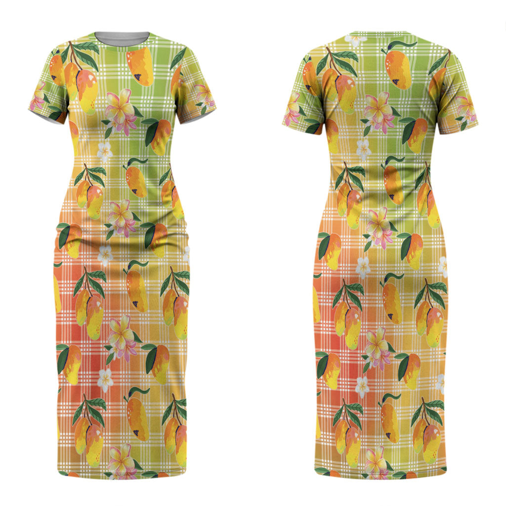 Aloha Hawaii Palaka Print Mango Plumeria Couples Matching Short Sleeve Bodycon Dress and Hawaiian Shirt Tropical Vibes