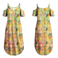 Aloha Hawaii Palaka Print Mango Plumeria Couples Matching Summer Maxi Dress and Long Sleeve Button Shirt Tropical Vibes