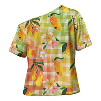 Aloha Hawaii Palaka Print Mango Plumeria Cross Shoulder Shirt Tropical Vibes