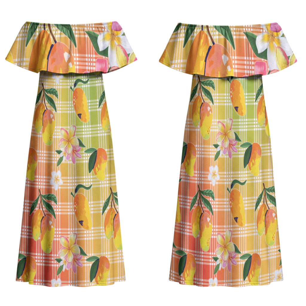 Aloha Hawaii Palaka Print Mango Plumeria Family Matching Off Shoulder Maxi Dress and Hawaiian Shirt Tropical Vibes