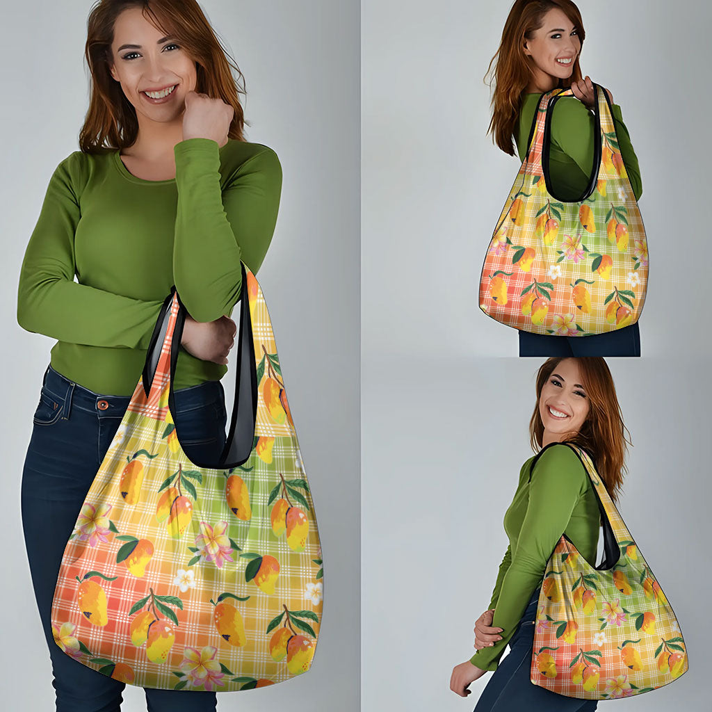 Aloha Hawaii Palaka Print Mango Plumeria Grocery Bag Tropical Vibes