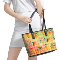 Aloha Hawaii Palaka Print Mango Plumeria Leather Tote Bag Tropical Vibes