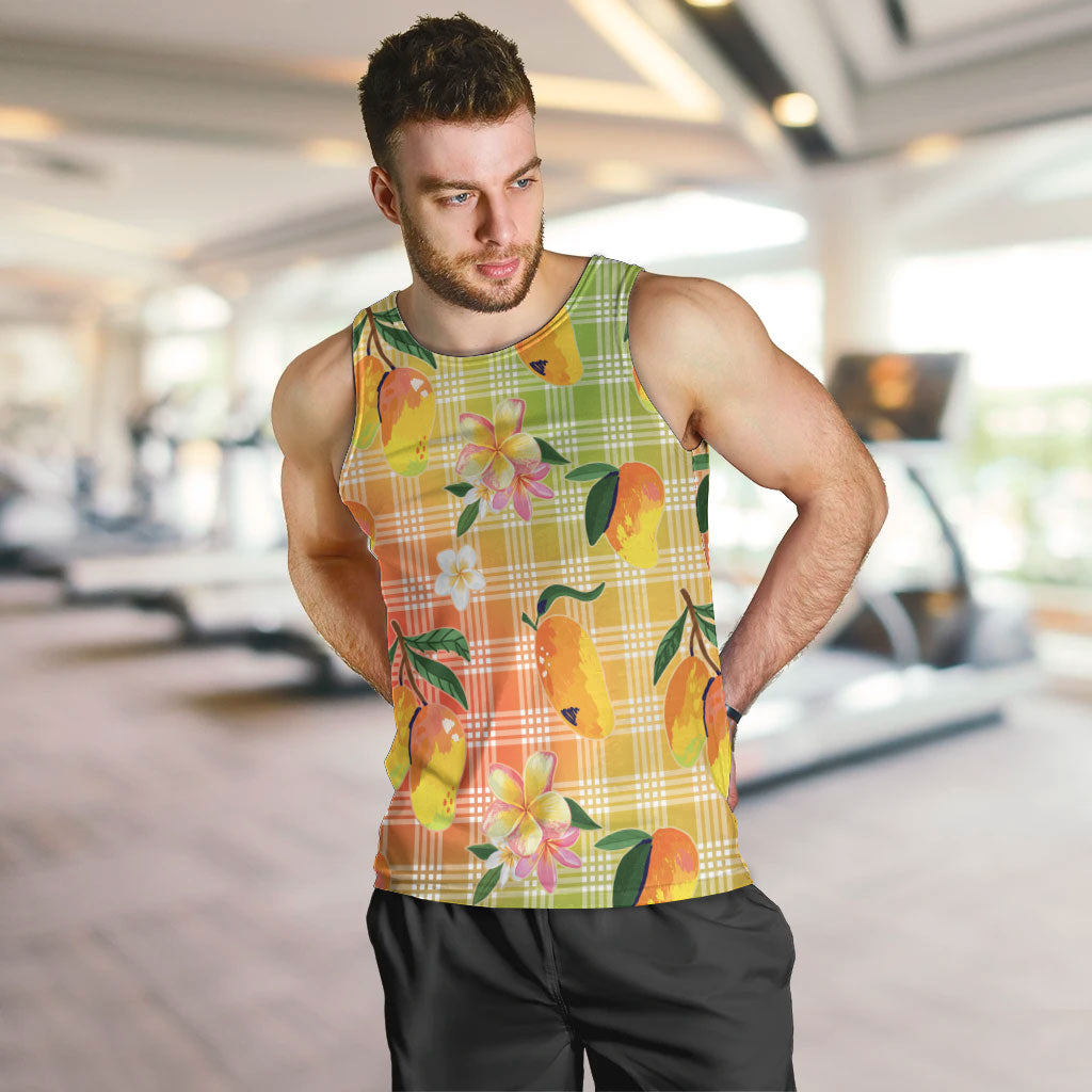 Aloha Hawaii Palaka Print Mango Plumeria Men Tank Top Tropical Vibes