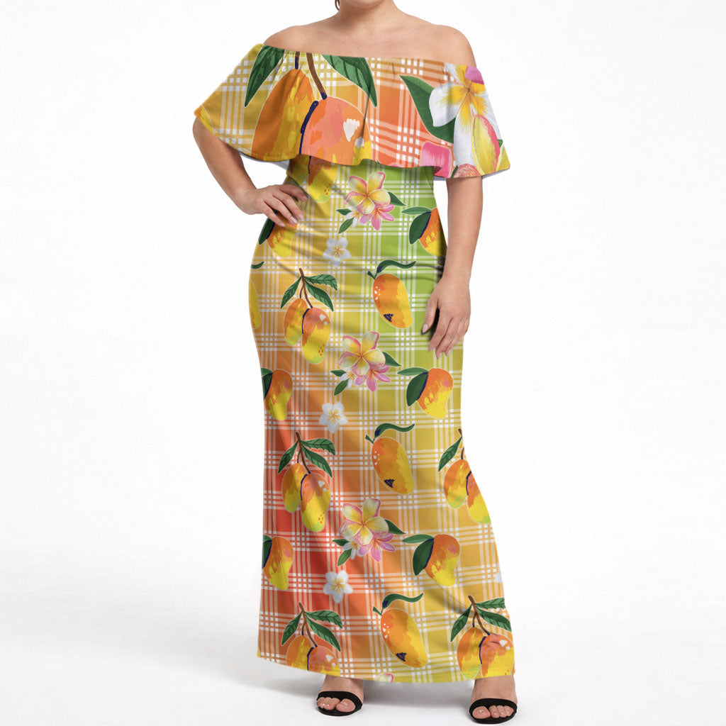 Aloha Hawaii Palaka Print Mango Plumeria Off Shoulder Maxi Dress Tropical Vibes