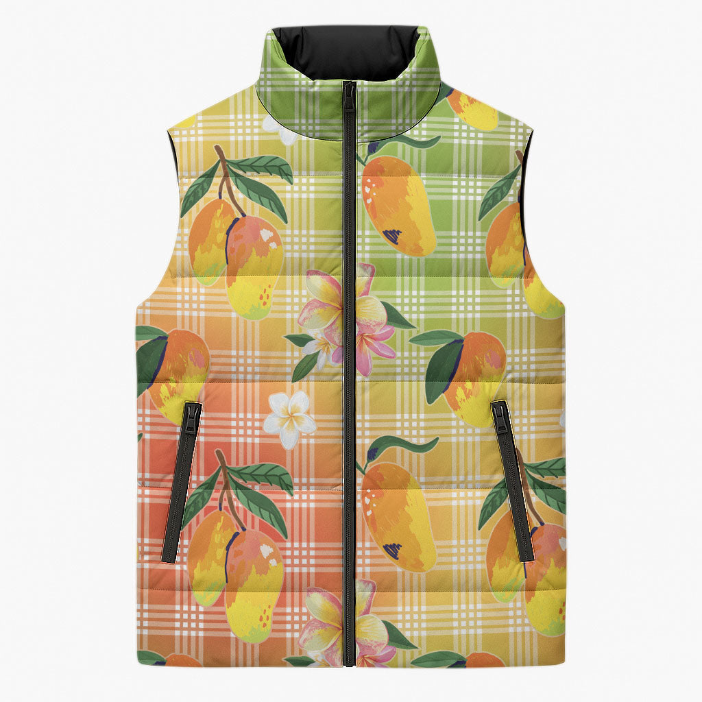 Aloha Hawaii Palaka Print Mango Plumeria Sleeveless Puffer Jacket Tropical Vibes