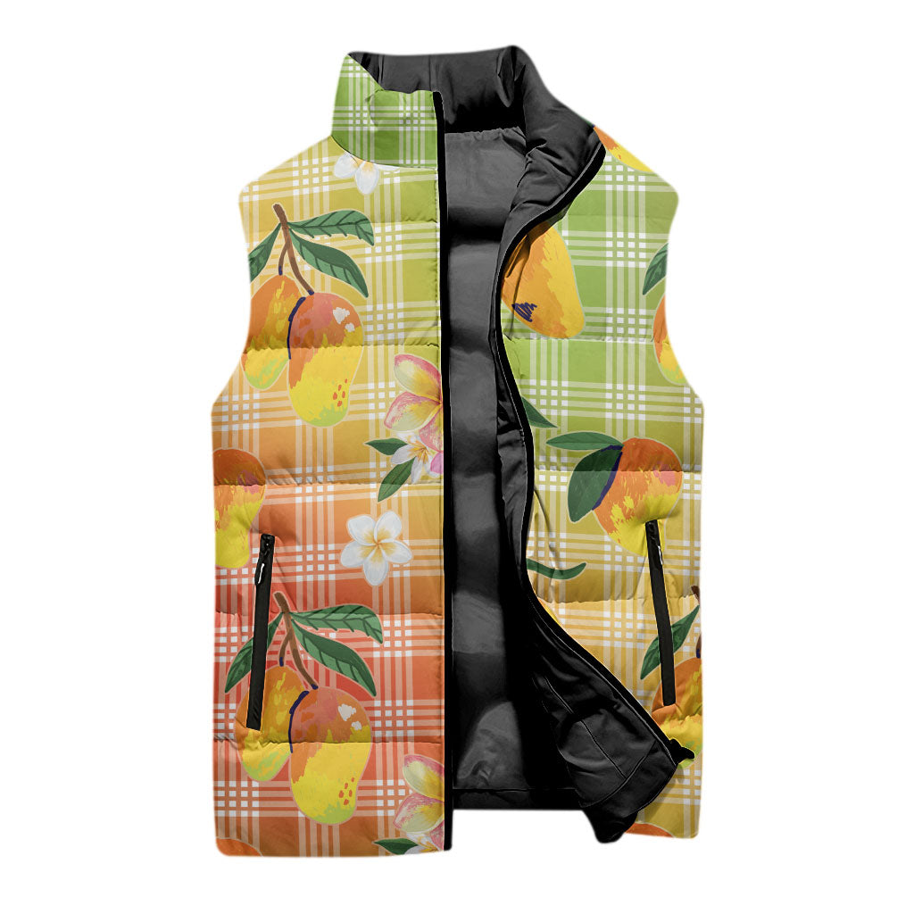Aloha Hawaii Palaka Print Mango Plumeria Sleeveless Puffer Jacket Tropical Vibes