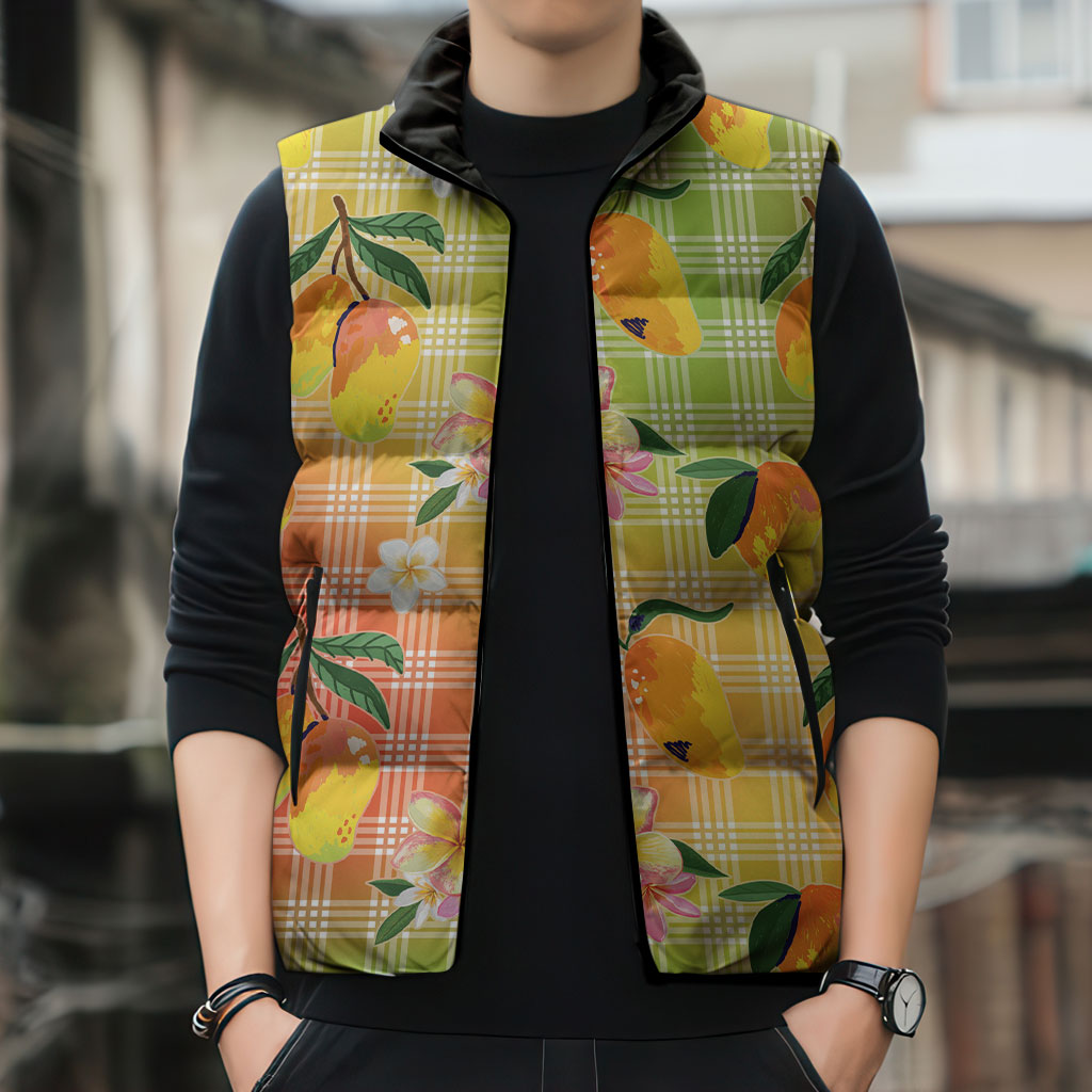 Aloha Hawaii Palaka Print Mango Plumeria Sleeveless Puffer Jacket Tropical Vibes