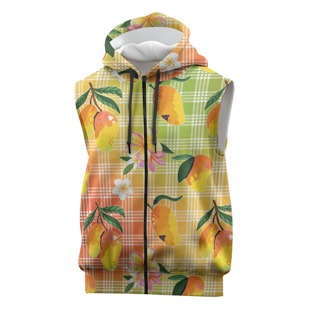 Aloha Hawaii Palaka Print Mango Plumeria Sleeveless Zip Hoodie Tropical Vibes