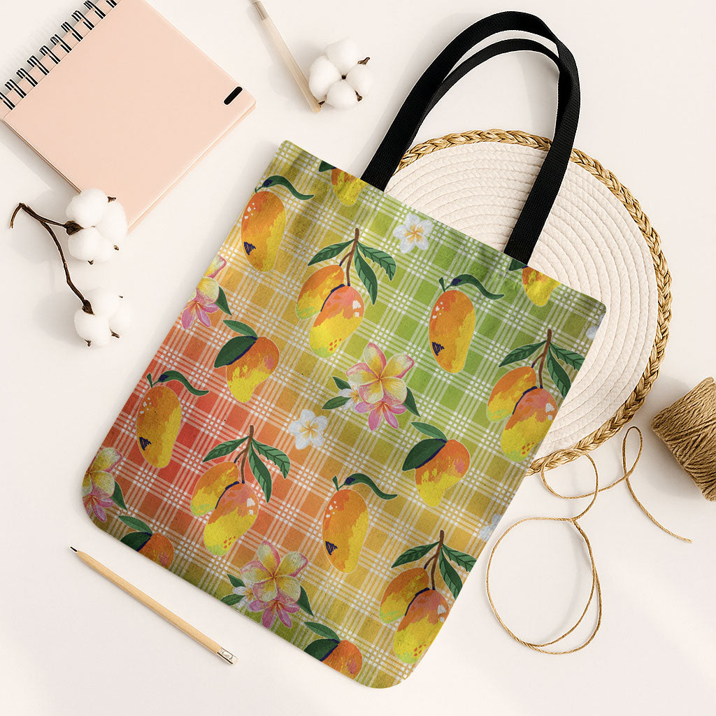 Aloha Hawaii Palaka Print Mango Plumeria Tote Bag Tropical Vibes