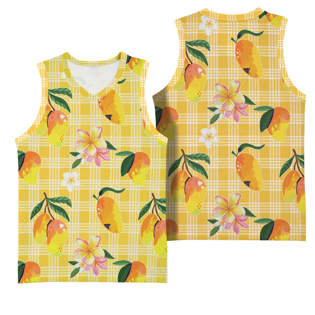 Aloha Hawaii Palaka Print Mango Plumeria Basketball Jersey Fresh Lemon