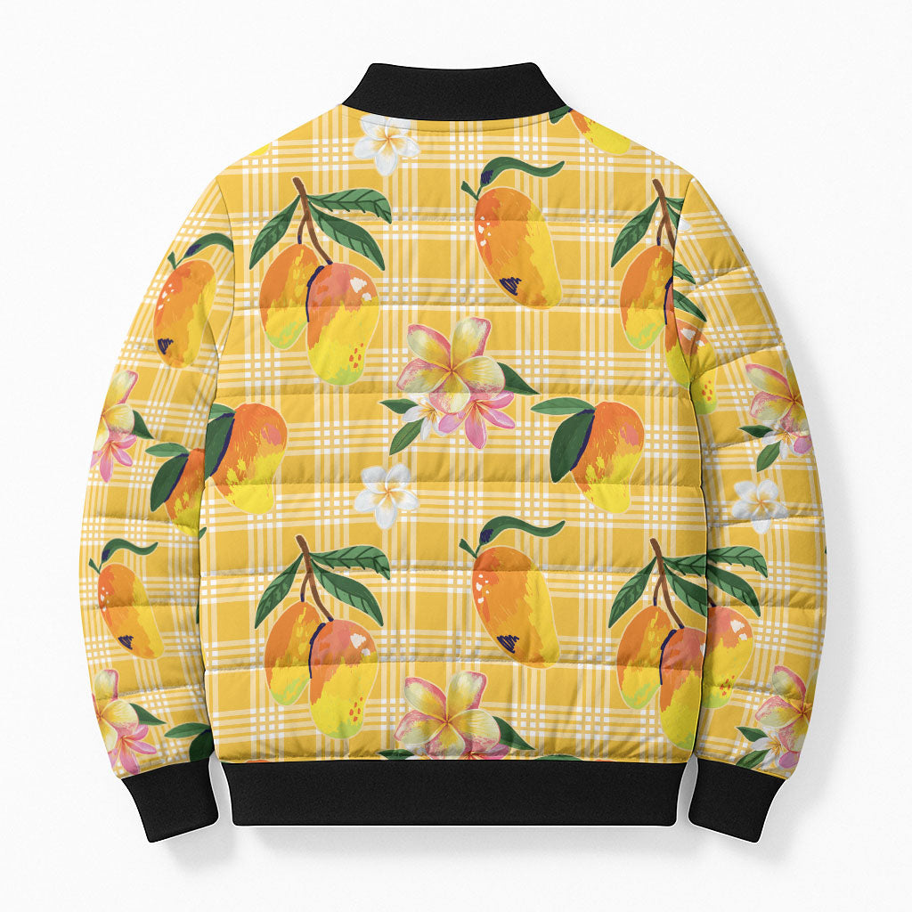 Aloha Hawaii Palaka Print Mango Plumeria Bomber Puffer Jacket Fresh Lemon