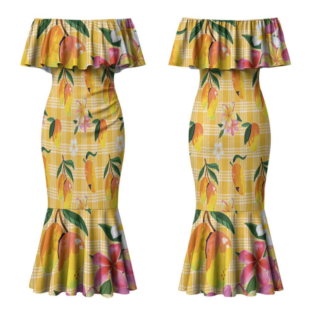 Aloha Hawaii Palaka Print Mango Plumeria Couples Matching Mermaid Dress and Long Sleeve Button Shirt Fresh Lemon