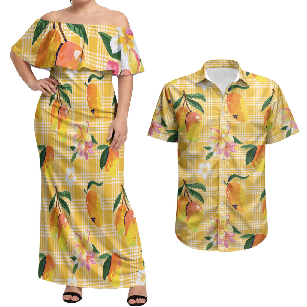 Aloha Hawaii Palaka Print Mango Plumeria Couples Matching Off Shoulder Maxi Dress and Hawaiian Shirt Fresh Lemon
