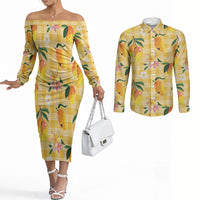Aloha Hawaii Palaka Print Mango Plumeria Couples Matching Off The Shoulder Long Sleeve Dress and Long Sleeve Button Shirt Fresh Lemon