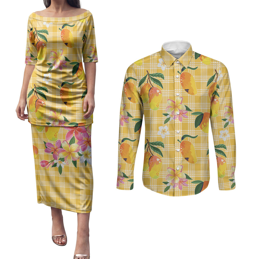 Aloha Hawaii Palaka Print Mango Plumeria Couples Matching Puletasi and Long Sleeve Button Shirt Fresh Lemon
