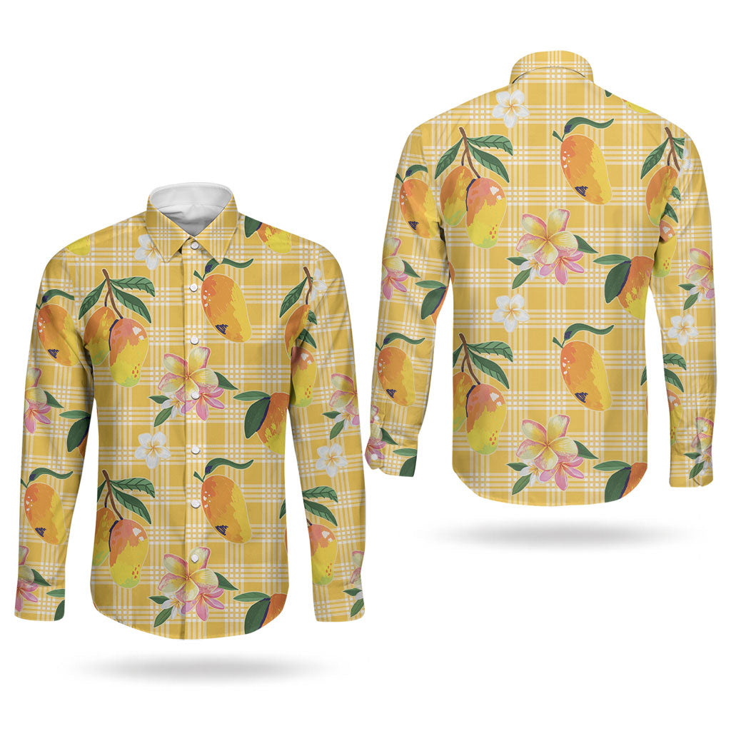 Aloha Hawaii Palaka Print Mango Plumeria Couples Matching Puletasi and Long Sleeve Button Shirt Fresh Lemon