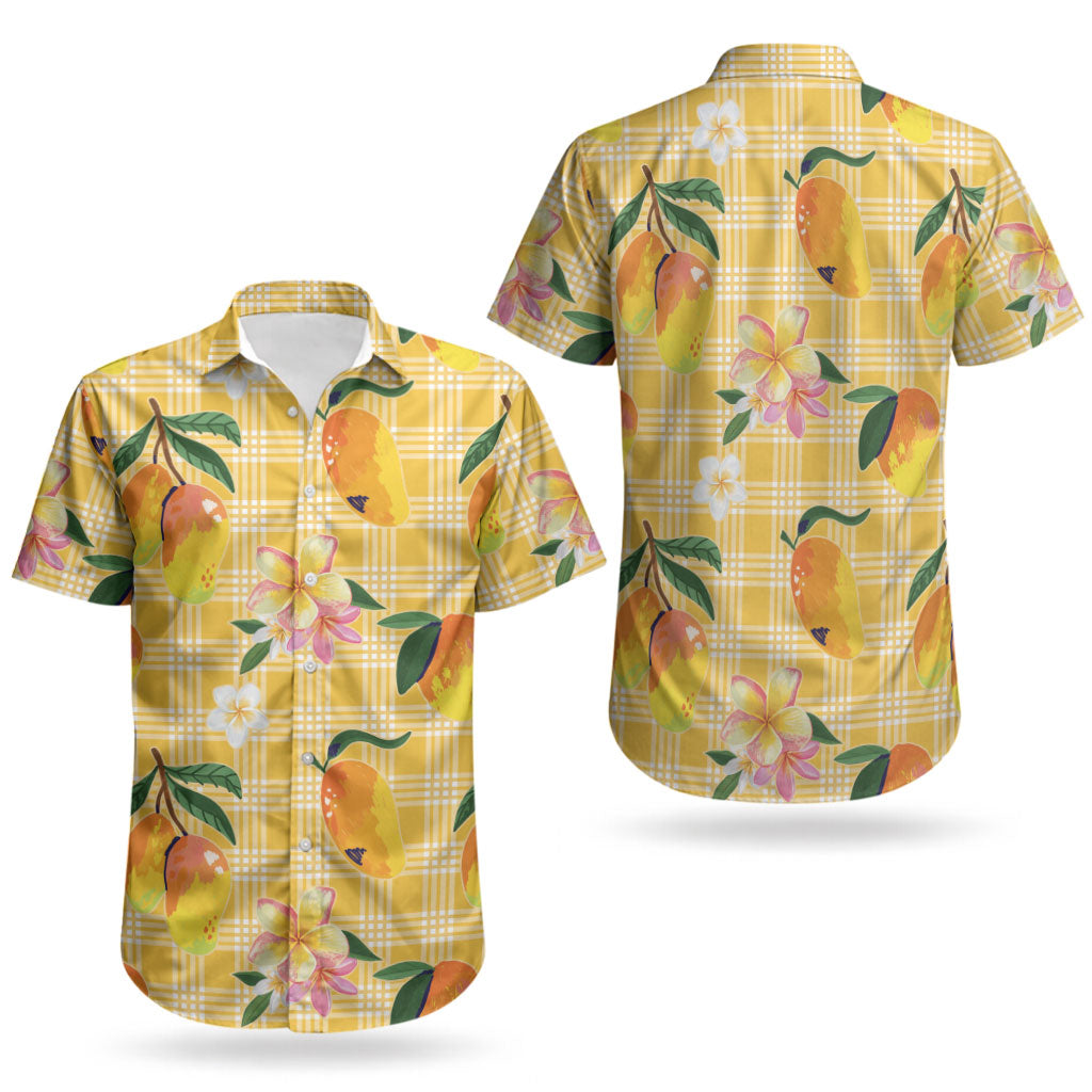 Aloha Hawaii Palaka Print Mango Plumeria Couples Matching Summer Maxi Dress and Hawaiian Shirt Fresh Lemon