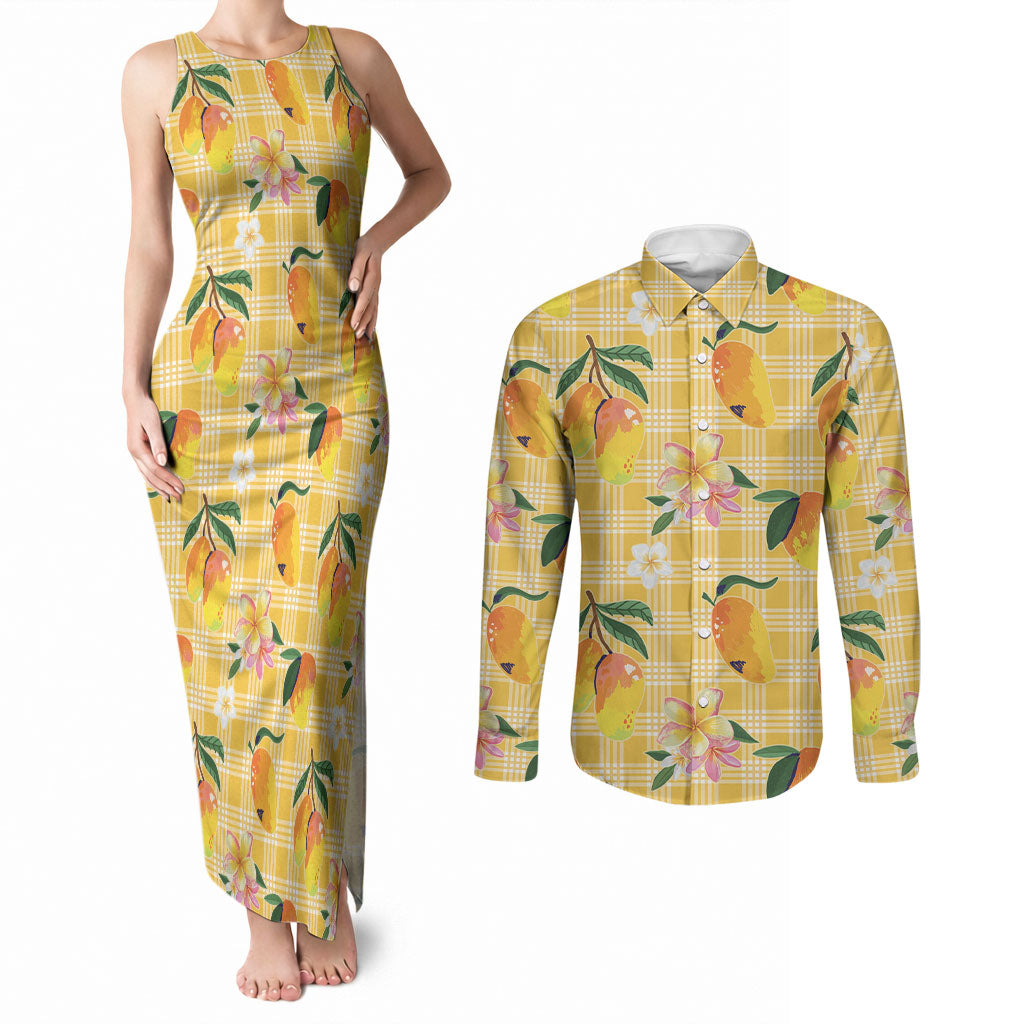 Aloha Hawaii Palaka Print Mango Plumeria Couples Matching Tank Maxi Dress and Long Sleeve Button Shirt Fresh Lemon